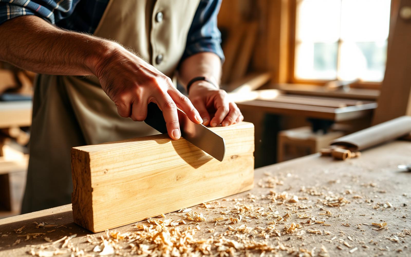 Master craftsman hand-shaping oak
